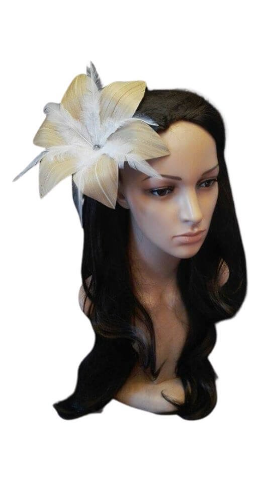 Flor Pandanus Con Perla Y Plumas Para El Cabello diametro 20cm