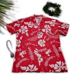 Camisa Roja Con Hibiscos Y Tangata Manu Blanco