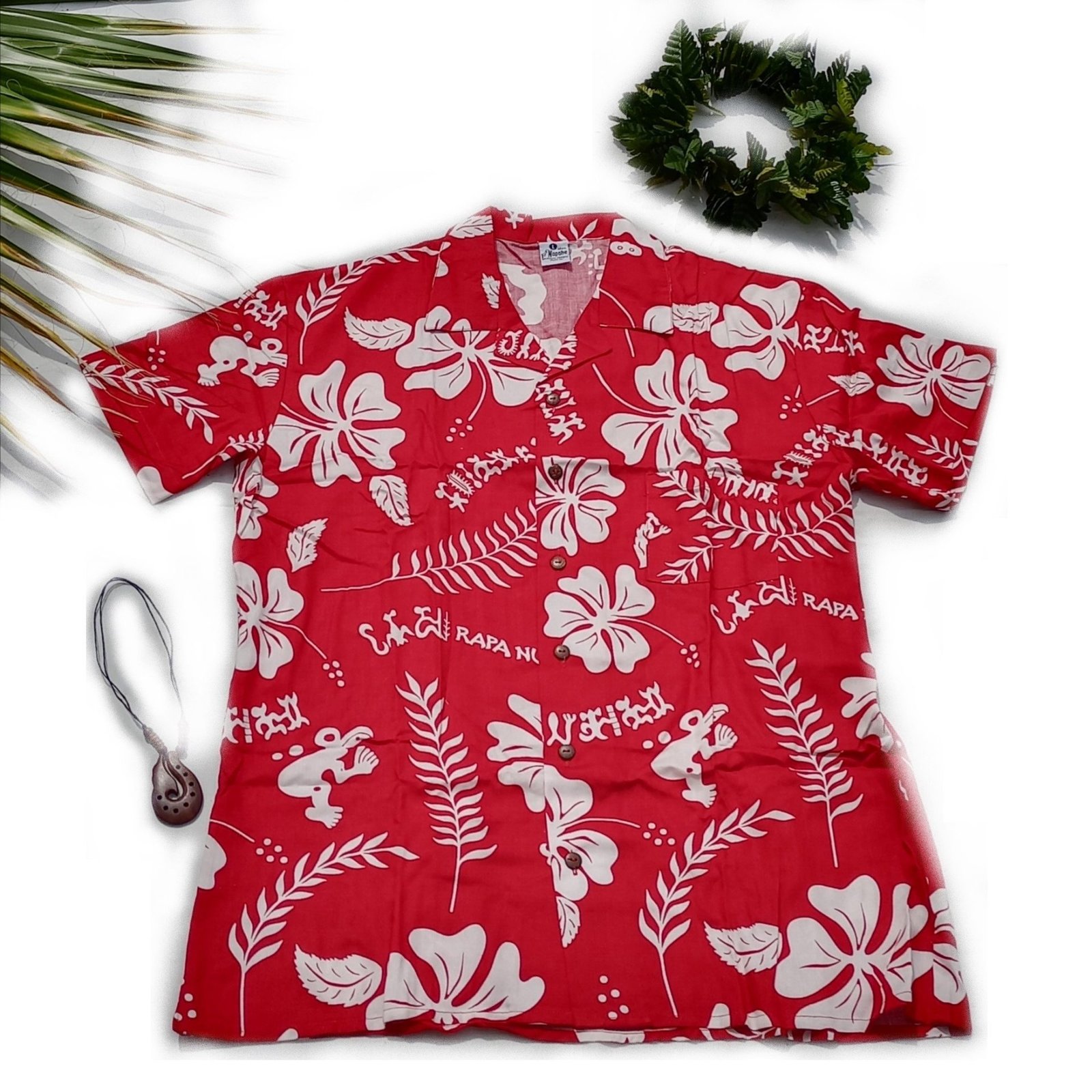 Camisa Roja Con Hibiscos Y Tangata Manu Blanco