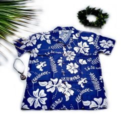 Camisa Rapa Nui Azul Con Hibiscos Y Tangata Manu Blanco