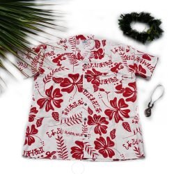 Camisa Rapa Nui Blanca Con Hibiscos Y Tangata Manu Rojo