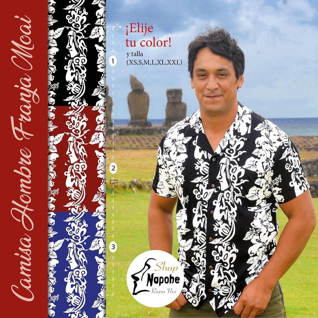 Camisa Rapa Nui Napohe negra Con Tangata Manu Y Moai blanco - Imagen 4