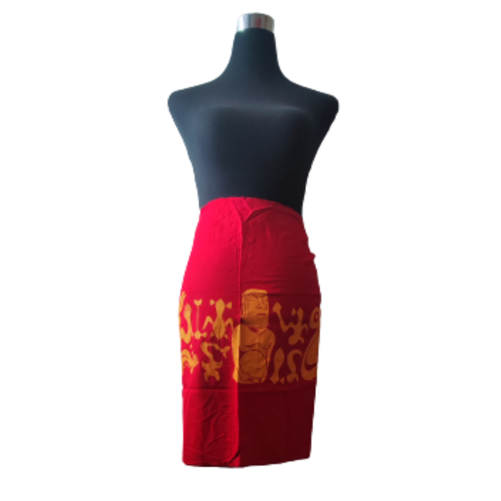 Pareo Corto Napohe rojo Con Moai y Rongo Rongo naranjo - Imagen 3