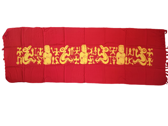 Pareo Corto Napohe rojo Con Moai y Rongo Rongo naranjo - Imagen 2