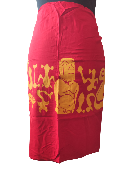 Pareo Corto Napohe rojo Con Moai y Rongo Rongo naranjo - Imagen 4