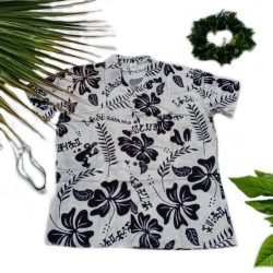 Camisa Blanca Con Hibisco y Rongo Rongo negro