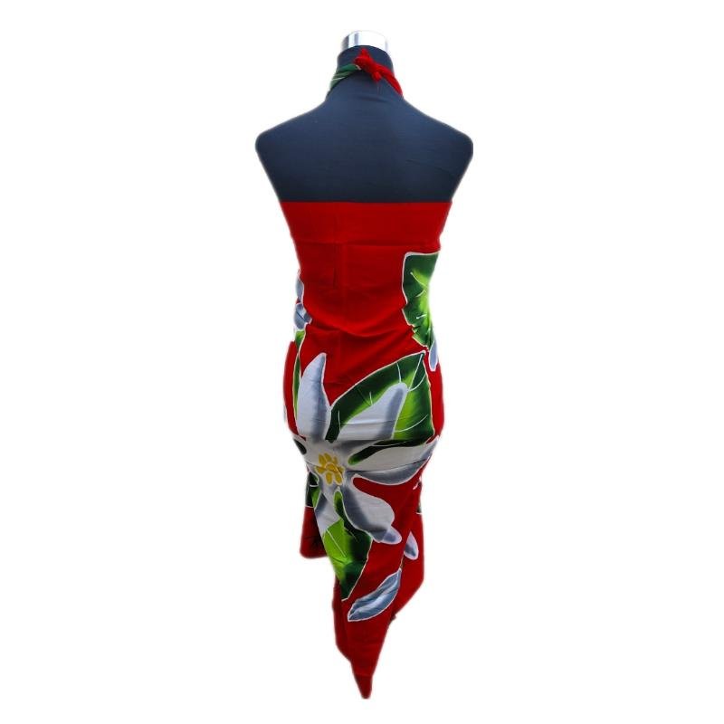 Pareo Rojo con 5 Tiare Blanco / gris Napohe 1,75x1,15mts - Imagen 3